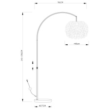 Stojanové svítidlo, kov nikl matný, textil bílý, stínidlo s bílým peřím, výškově nastavitelné, vypínač, DxŠxV: 96x45x196cm, bez žárovky 1xE27, max. 40W 230V.