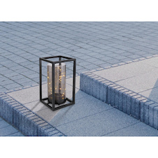 Solární svítidlo kovové černé, akryl kouřový, vypínač, součástí balení baterie AA 600mAh 1,2V, IP44, kovový rám uvnitř s válcem a řetězem světel, DxŠxV:140x140x250mm, vč.30x LED 0,06W 3V, 3000K