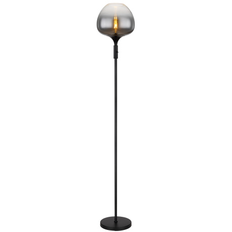 Stojací lampa, matný černý kov, kouřové sklo, černý textilní kabel, kolébkový vypínač na výrobku, ø: 290 mm, V: 1650 mm, délka kabelu 1800 mm, bez žárovky 1x E27 60W 230V