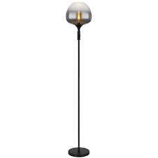 Stojací lampa, matný černý kov, kouřové sklo, černý textilní kabel, kolébkový vypínač na výrobku, ø: 290 mm, V: 1650 mm, délka kabelu 1800 mm, bez žárovky 1x E27 60W 230V