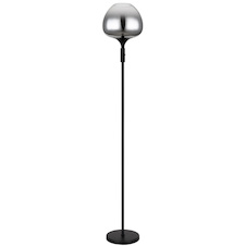 Stojací lampa, matný černý kov, kouřové sklo, černý textilní kabel, kolébkový vypínač na výrobku, ø: 290 mm, V: 1650 mm, délka kabelu 1800 mm, bez žárovky 1x E27 60W 230V