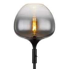 Stojací lampa, matný černý kov, kouřové sklo, černý textilní kabel, kolébkový vypínač na výrobku, ø: 290 mm, V: 1650 mm, délka kabelu 1800 mm, bez žárovky 1x E27 60W 230V