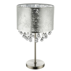 Stolní lampa, kov nikl matný, textil stříbrný, akrylové křišťály průhledné, kabel 1,5m, vypínač, Ø32cm, V:56cm, bez žárovky 1xE27, max. 60W 230V.