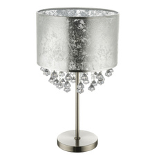 Stolní lampa, kov nikl matný, textil stříbrný, akrylové křišťály průhledné, kabel 1,5m, vypínač, Ø32cm, V:56cm, bez žárovky 1xE27, max. 60W 230V.
