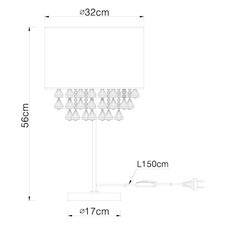 Stolní lampa, kov nikl matný, textil stříbrný, akrylové křišťály průhledné, kabel 1,5m, vypínač, Ø32cm, V:56cm, bez žárovky 1xE27, max. 60W 230V.